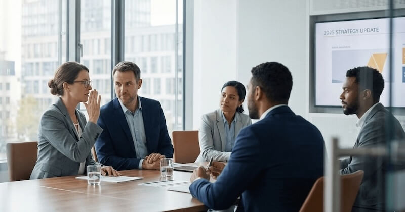 Professional Tolk2Go European interpreter assisting a client in a modern meeting room